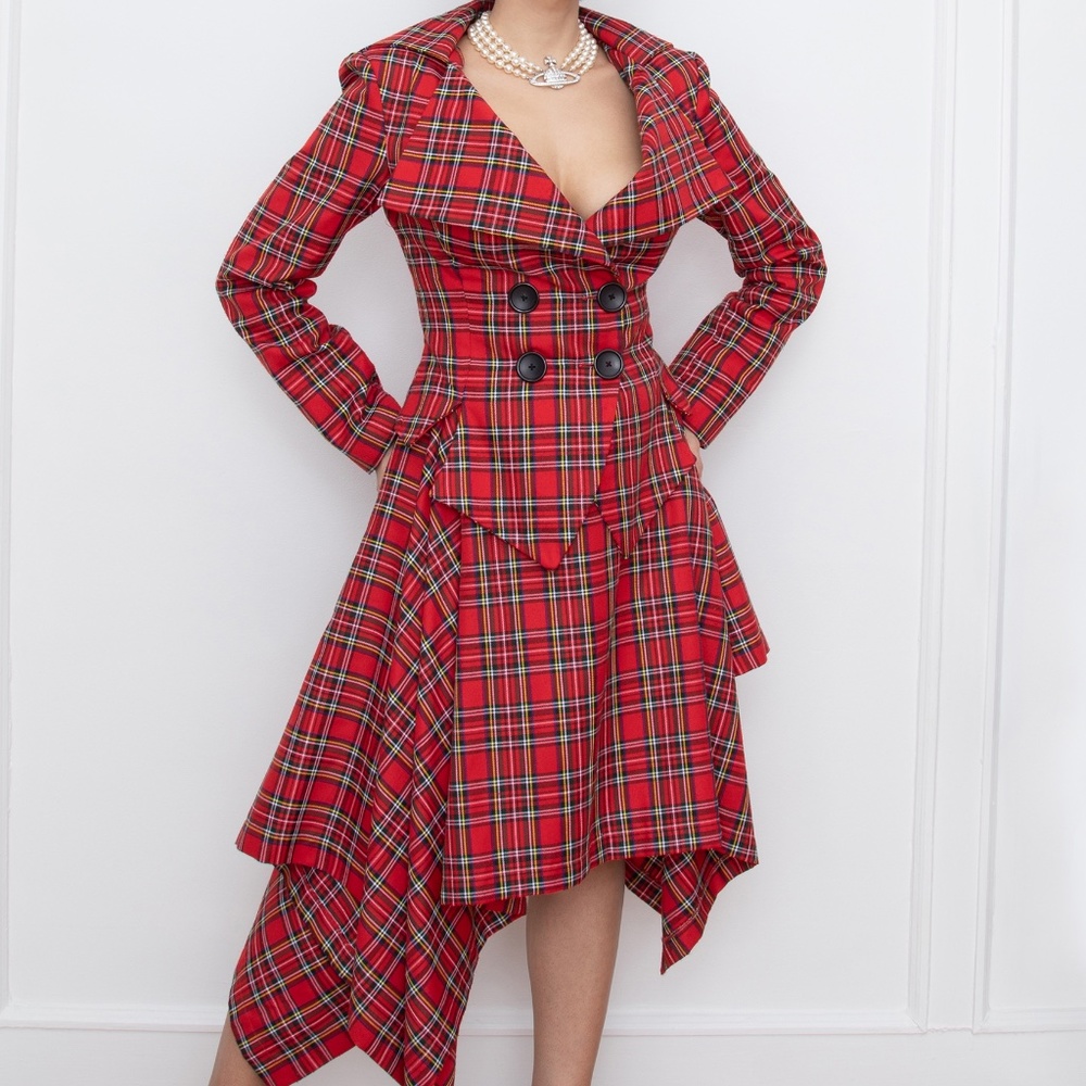 Red tartan tailored 2 piece skirt suit Vivienne Westwood style